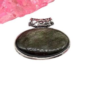 Silver Sheen Black Obsidian Necklace Pendant 925 Sterling Silver Overlay
